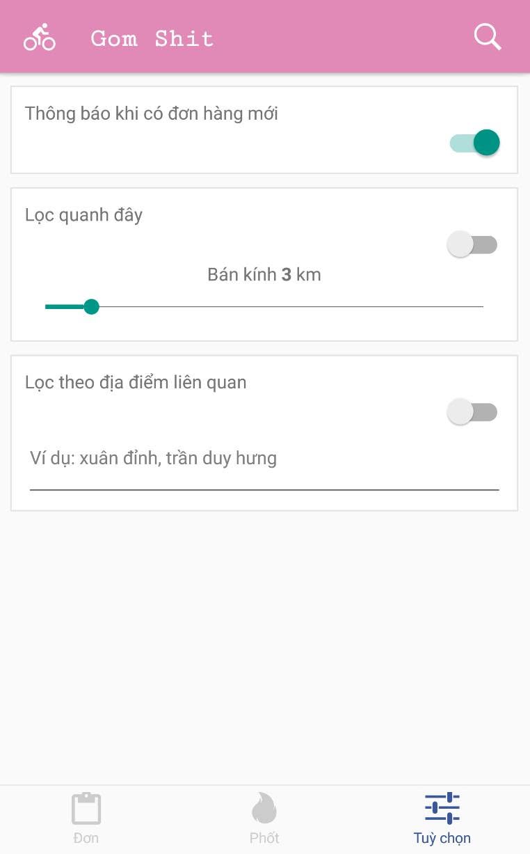 Gom Shit app, options screen