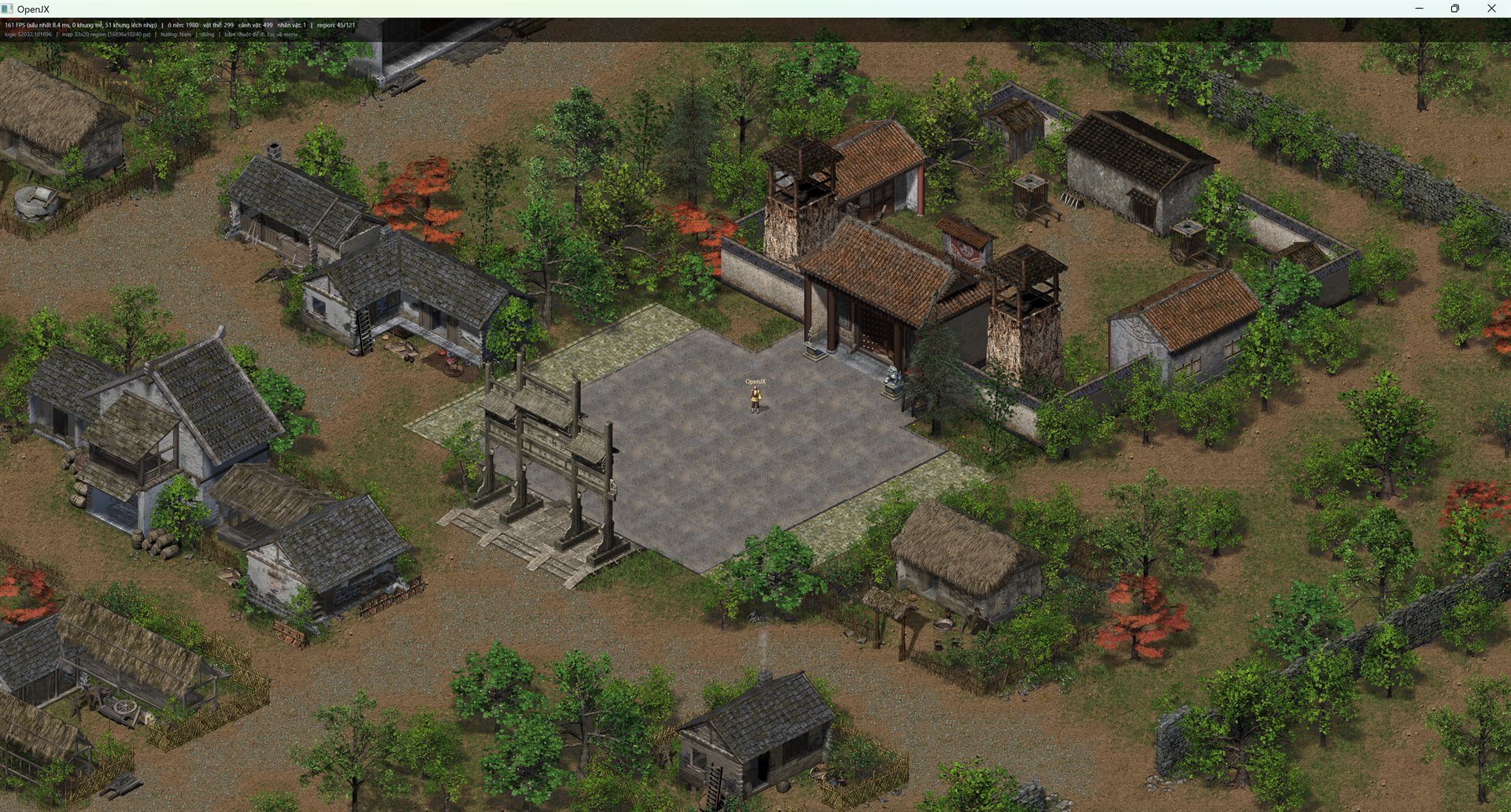 OpenJX at 4K: a full village of tiled-roof houses, a gate tower, a paved square and dense trees, with the debug overlay reporting 161 FPS over 1980 tiles, 299 objects and 499 scenery pieces