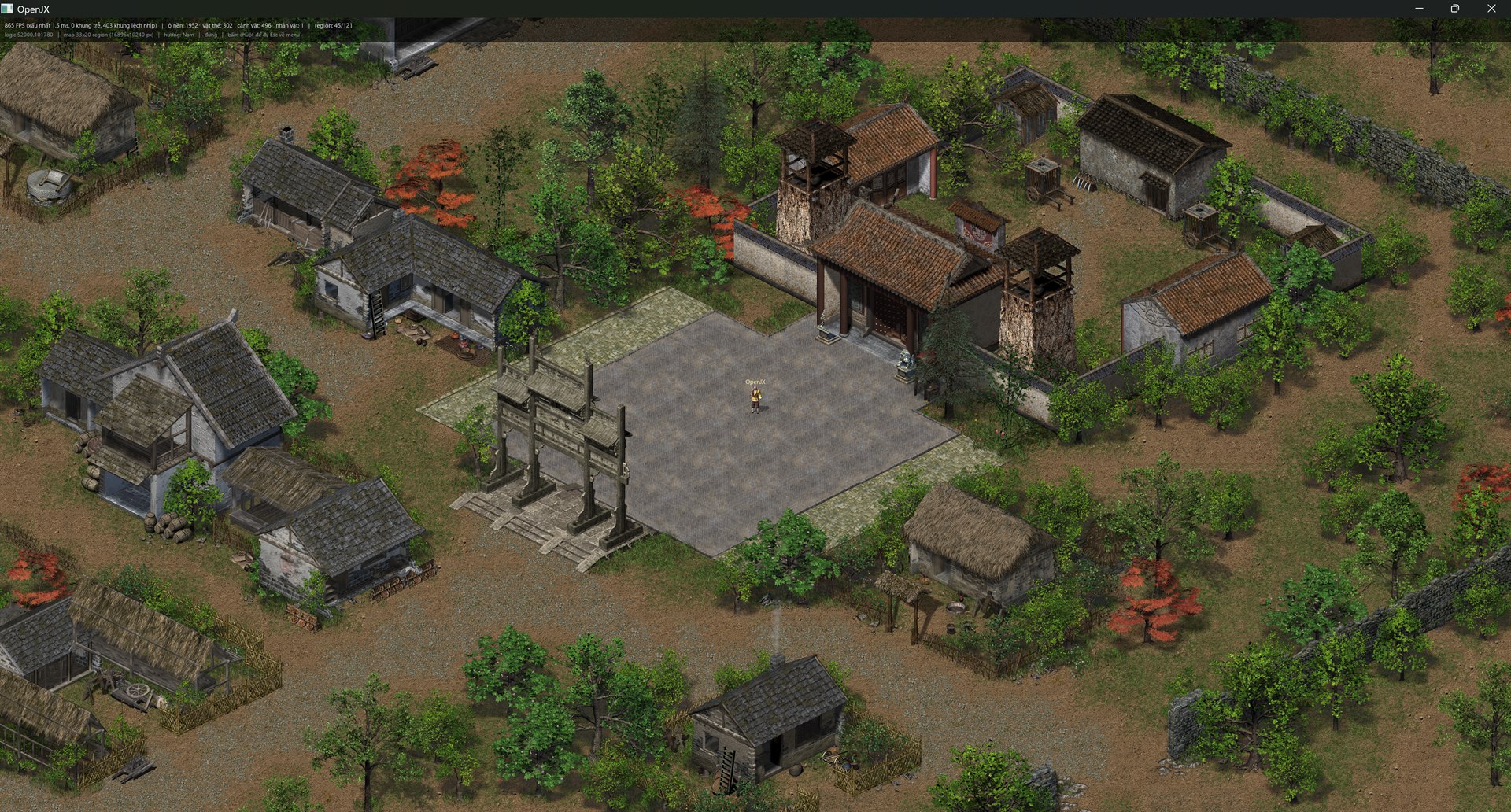 OpenJX at 4K after batching: the same village scene, debug overlay reporting 865 FPS with a worst frame of 1.5 ms over 1952 tiles, 302 objects and 496 scenery pieces