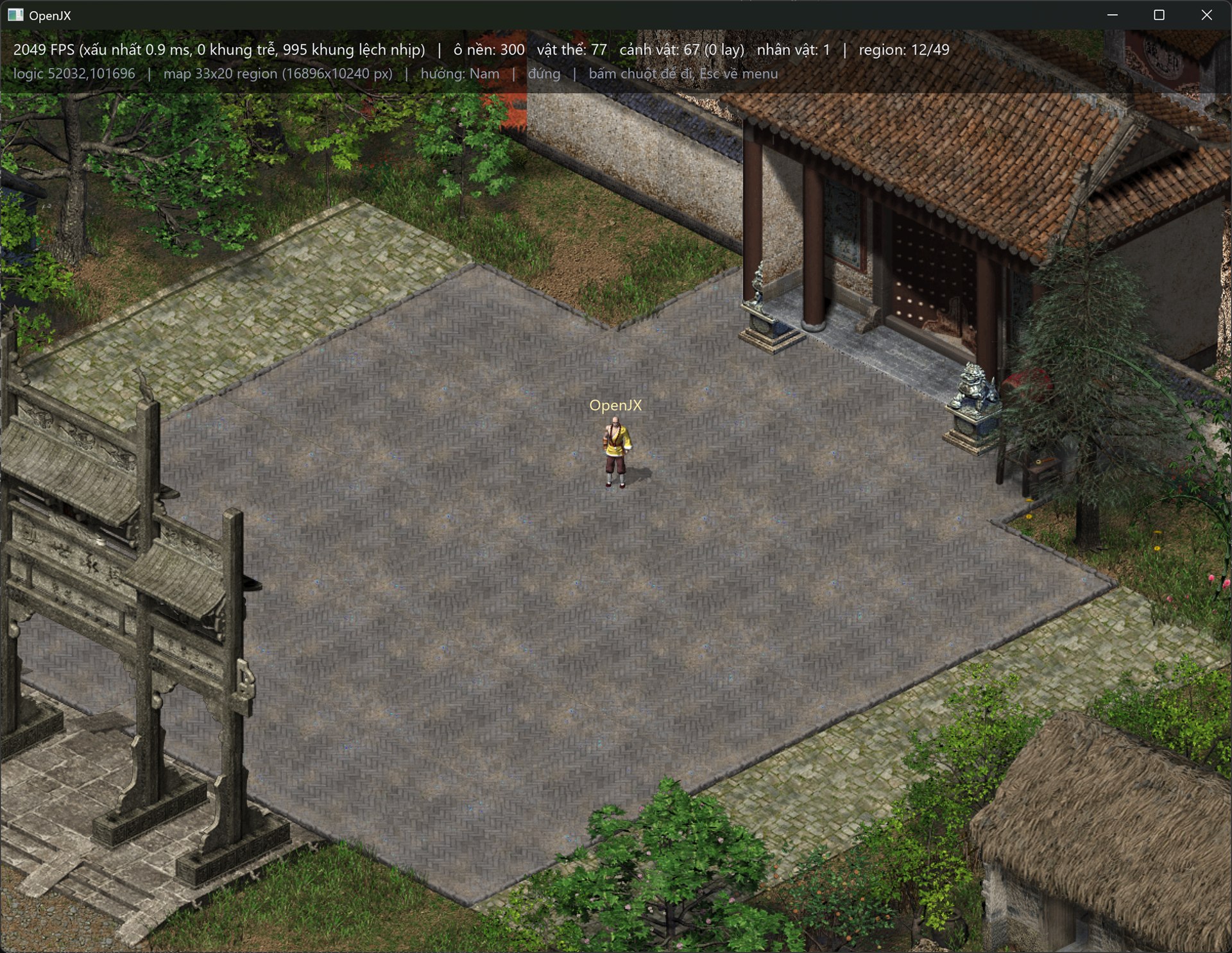 OpenJX at 200% render scale: the village square, its gate and paifang at twice the size with the character clearly visible, debug overlay reporting 2049 FPS with a worst frame of 0.9 ms