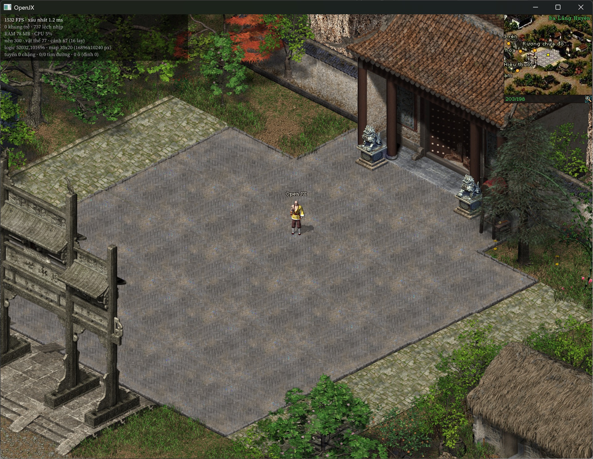 OpenJX in game with the new font: the village square, the debug overlay on the left and the minimap on the right showing Vietnamese place names like Ba Lăng Huyện and Rương chứa đồ