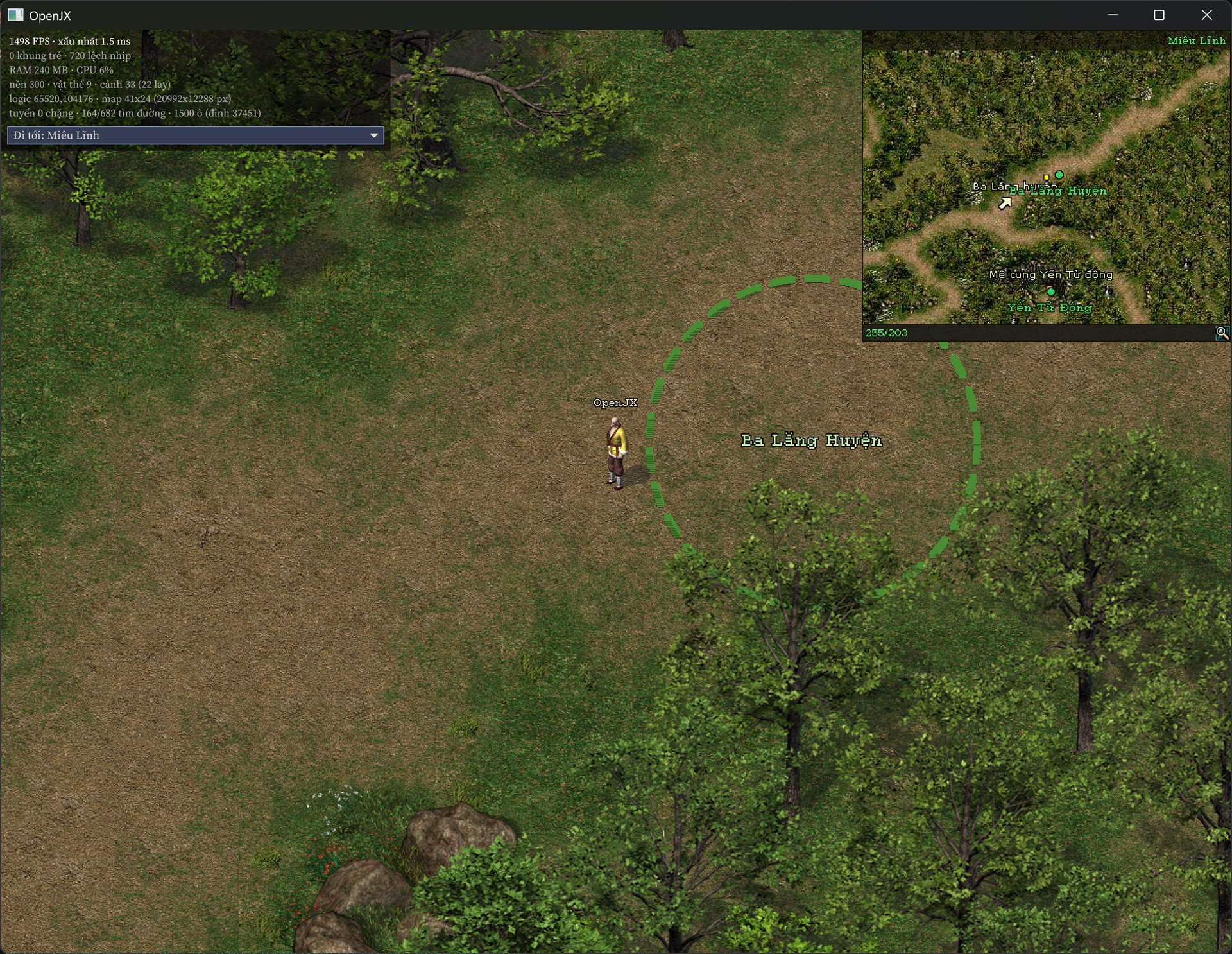 OpenJX teleport gate on the other side: a green dashed circle labelled Ba Lăng Huyện, seen from the map it links back to