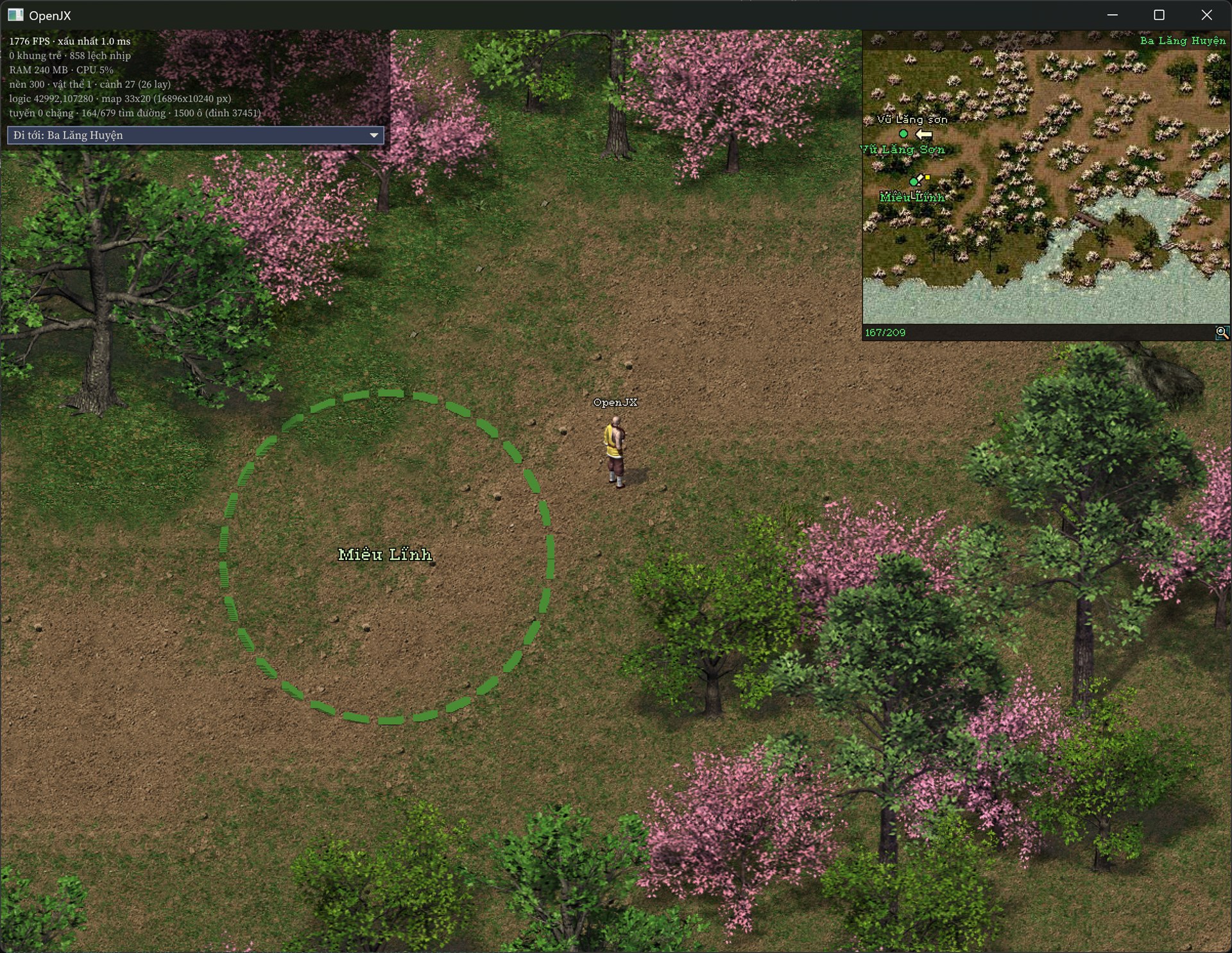 OpenJX teleport gate: a green dashed circle on the ground labelled Miêu Lĩnh, with the minimap showing gate markers and a Đi tới dropdown at the top left