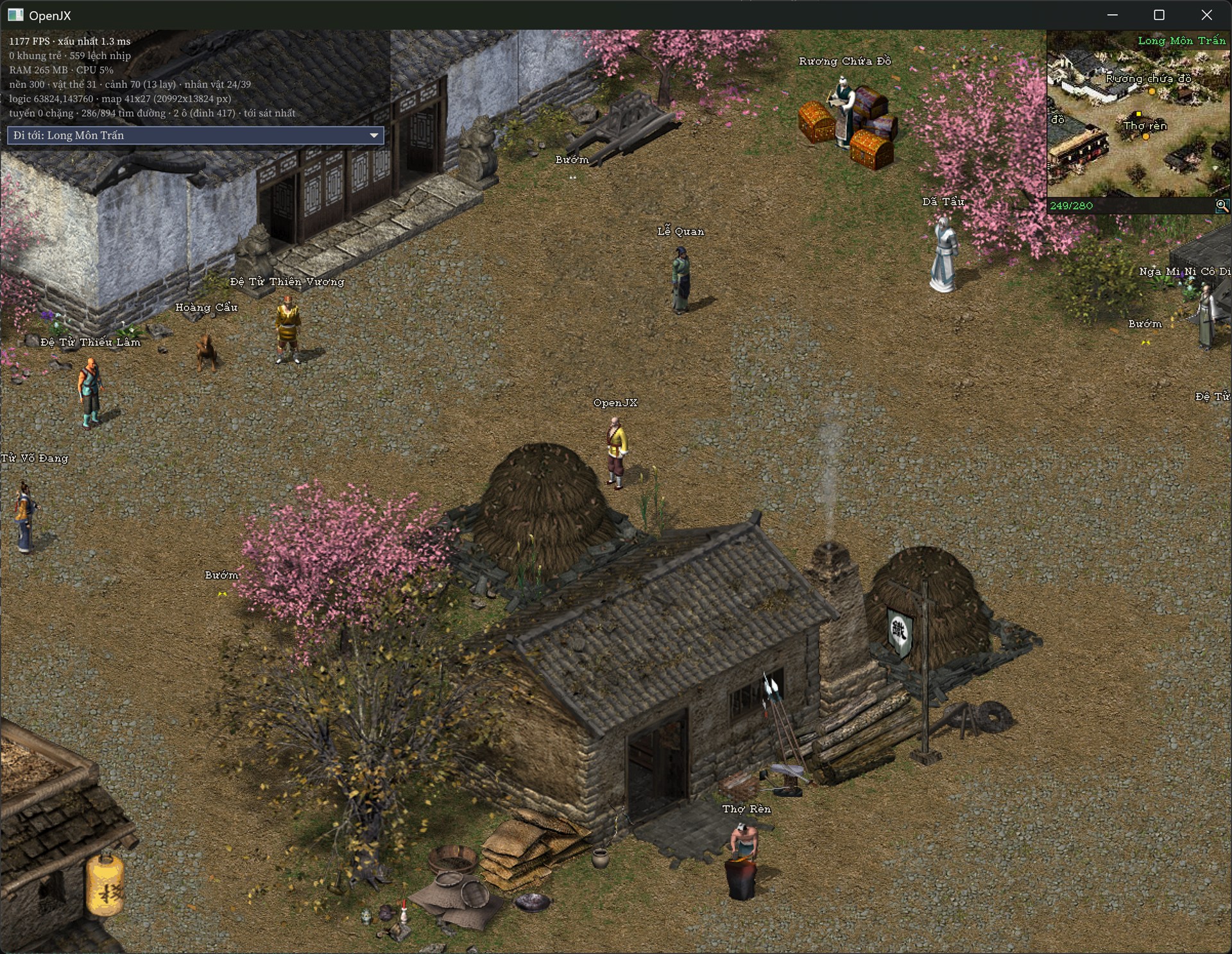 OpenJX NPCs in Long Môn Trấn: a blacksmith at his forge, a storage keeper with chests, sect disciples, plus a dog and butterflies wandering around the village