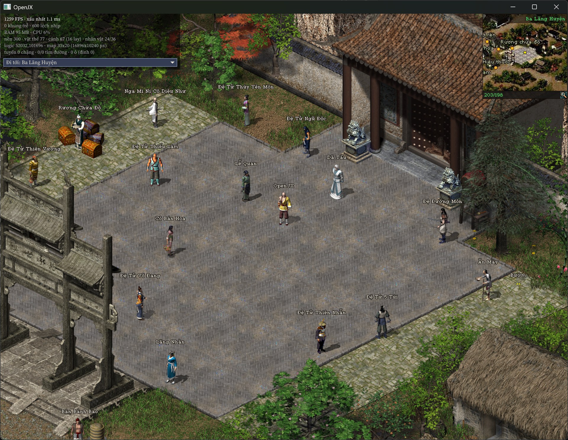OpenJX with NPCs: a town square in Ba Lăng Huyện full of named characters such as Cô Bán Hoa, Lễ Quan and several sect disciples standing around the player, with the debug overlay showing 24 of 36 characters alive